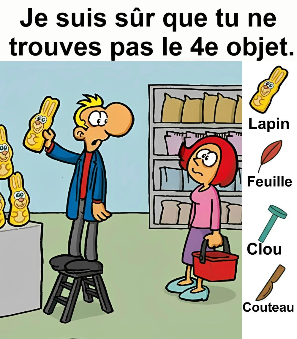 Trouvez lapin, feuille, clou et couteau.