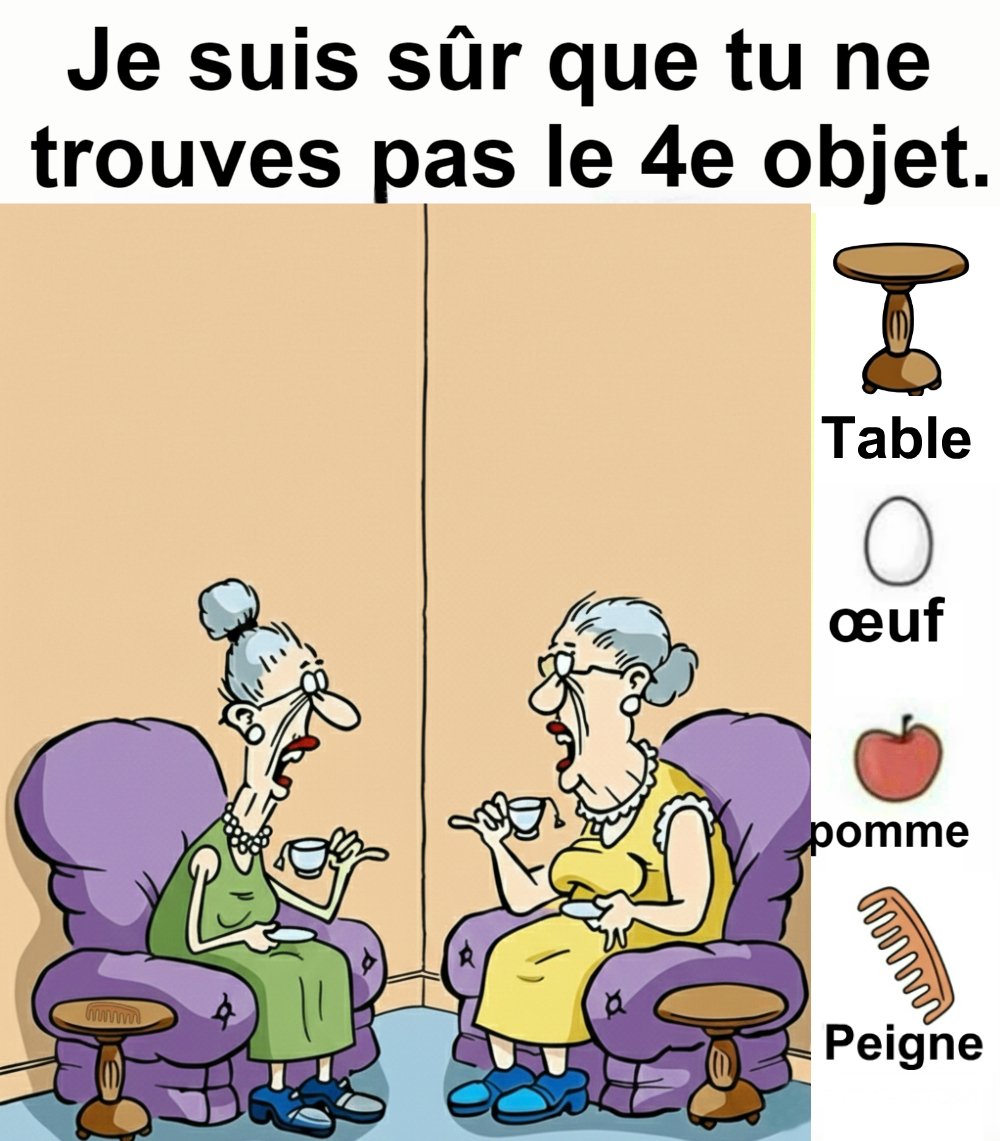 Trouvez le table, l’œuf, la pomme et le peigne.