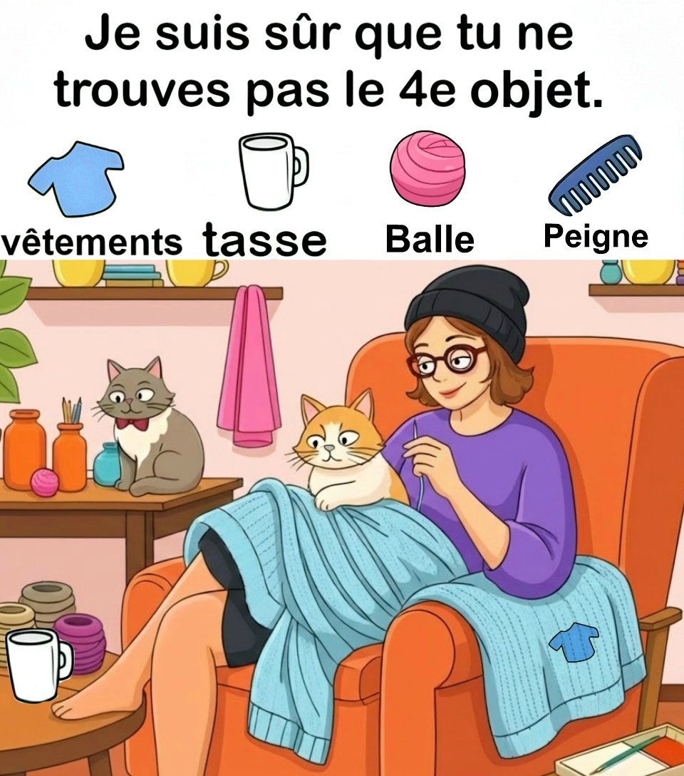 Trouvez vêtements, tasse, balle, peigne.