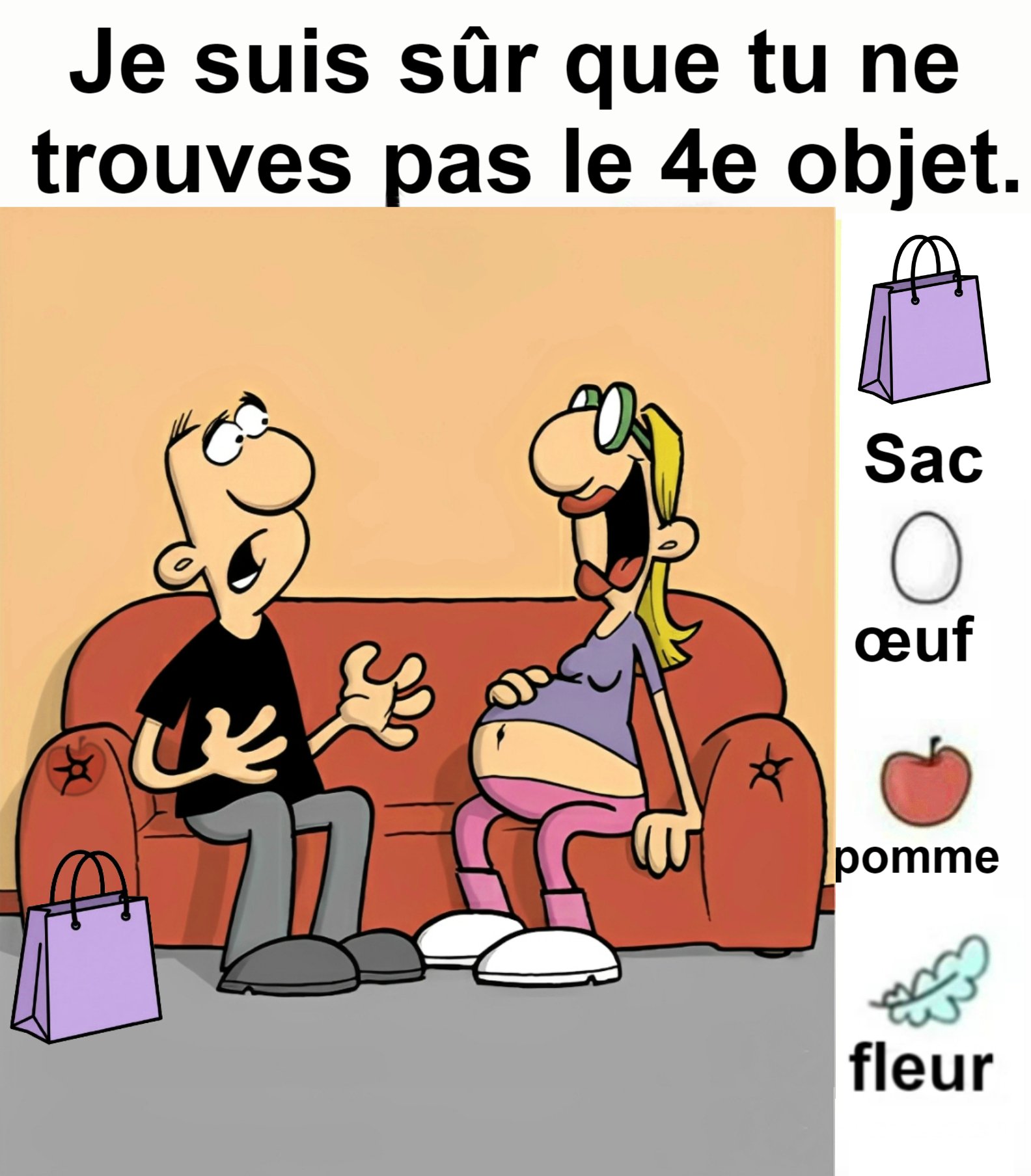 Trouvez la sac, l’œuf, la pomme et la fleur.