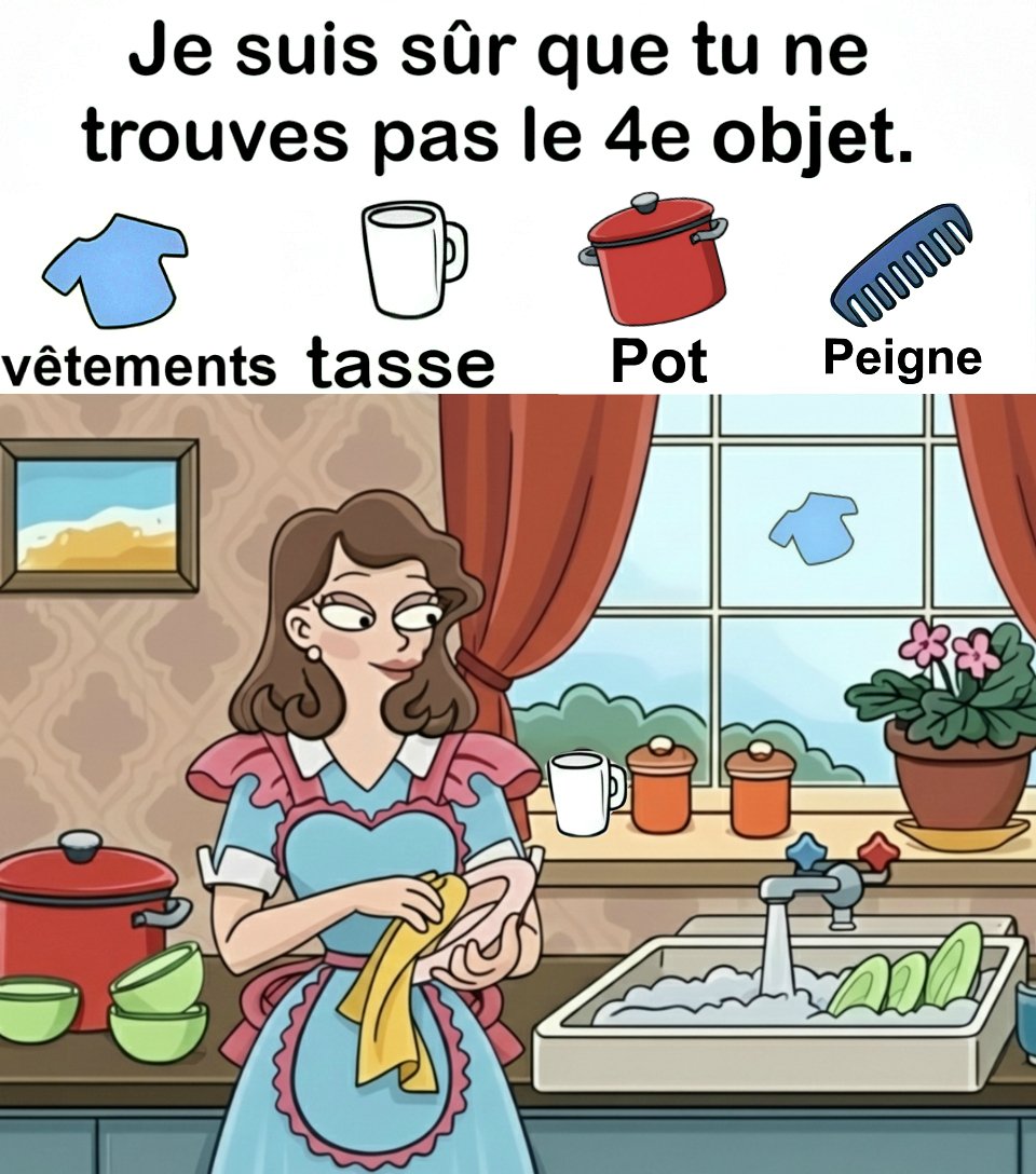 Trouvez vêtements, tasse, pot, peigne.