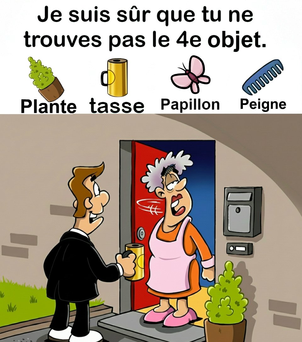 Trouvez plante, tasse, papillon, peigne.