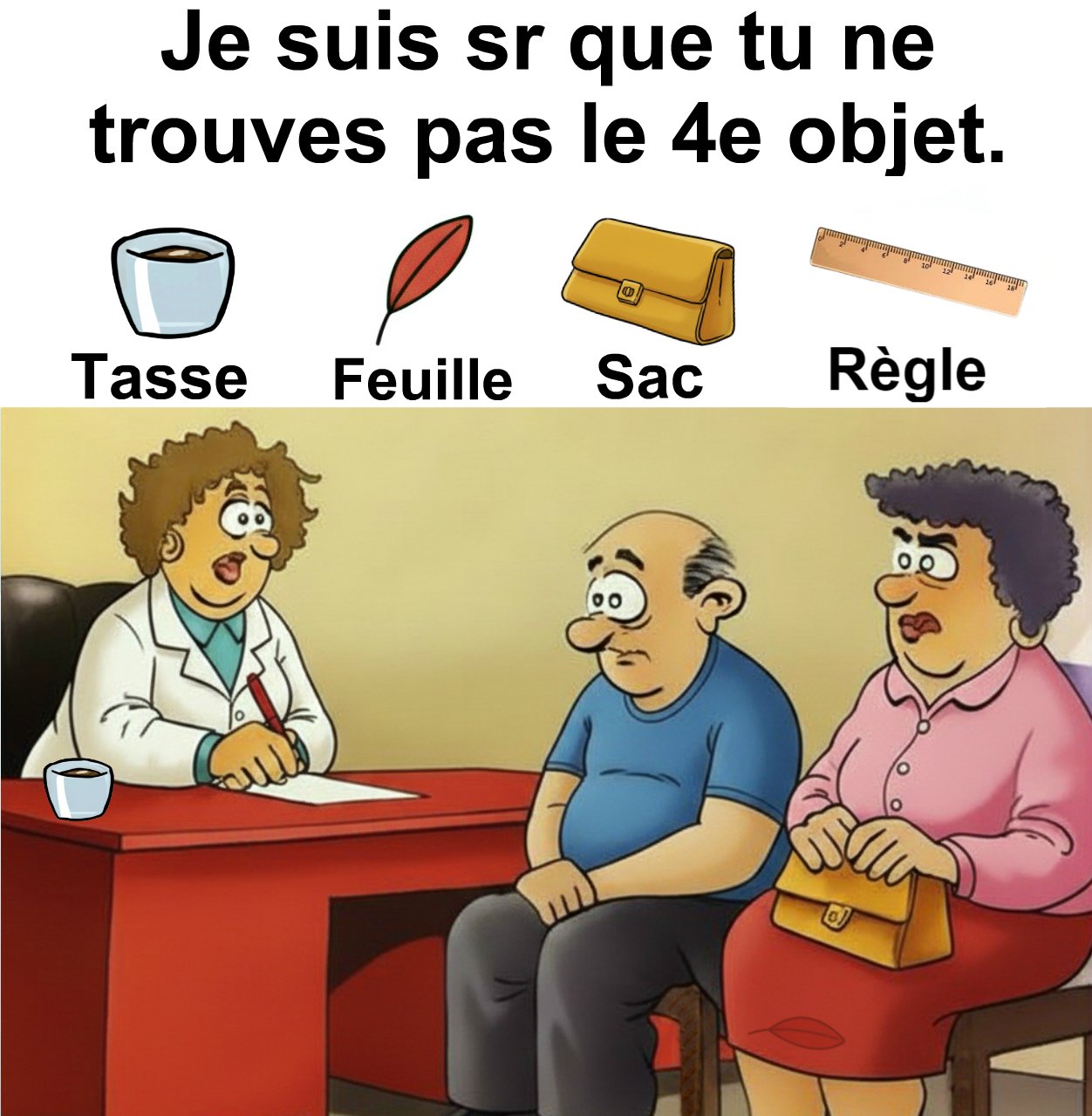 Trouvez tasse, feuille, sac et règle.
