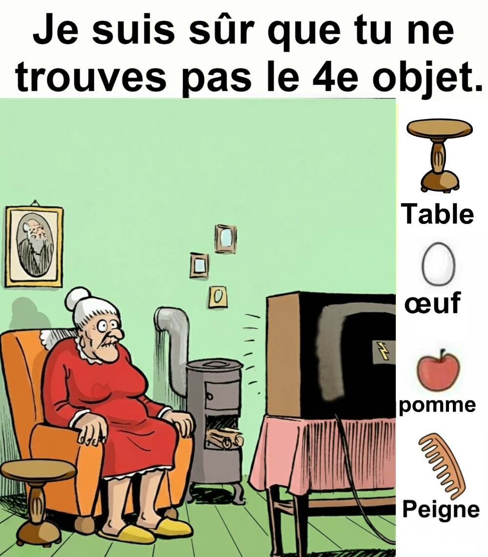 Trouvez le table, l’œuf, la pomme et le peigne.