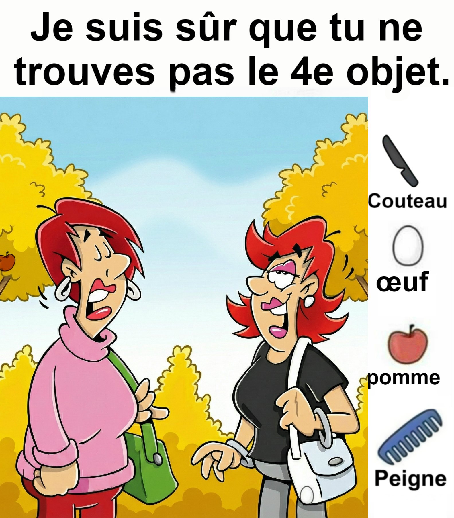 Trouvez Couteau, Œuf, Pomme, Peigne.