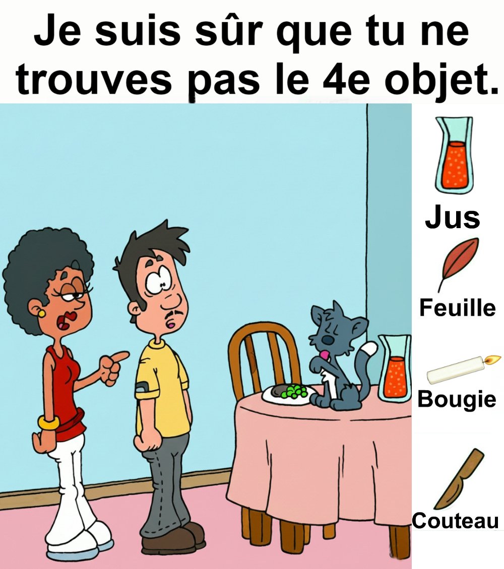 Trouvez jus, feuille, bougie et couteau.