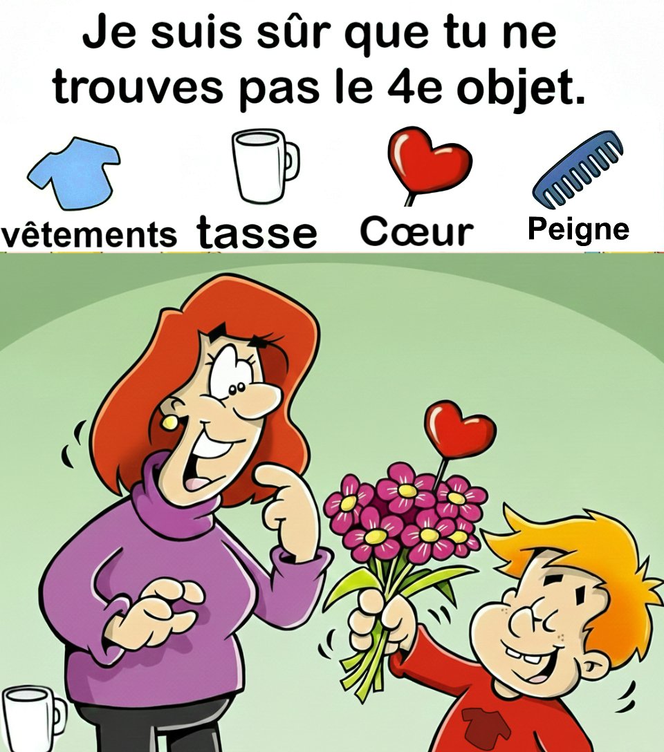 Trouvez vêtements, tasse, cœur, peigne.