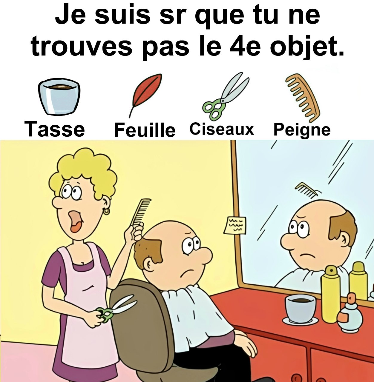 Trouvez tasse, feuille, ciseaux et peigne.