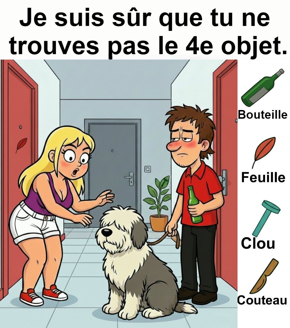 Trouvez bouteille, feuille, clou et couteau.