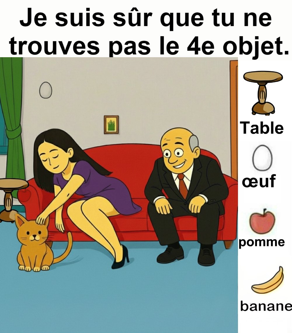 Trouvez le table, l’œuf, la pomme et le banane.