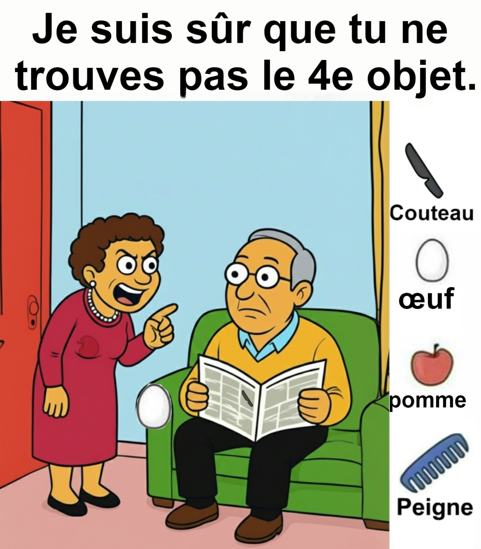 Trouvez Couteau, Œuf, Pomme, Peigne.