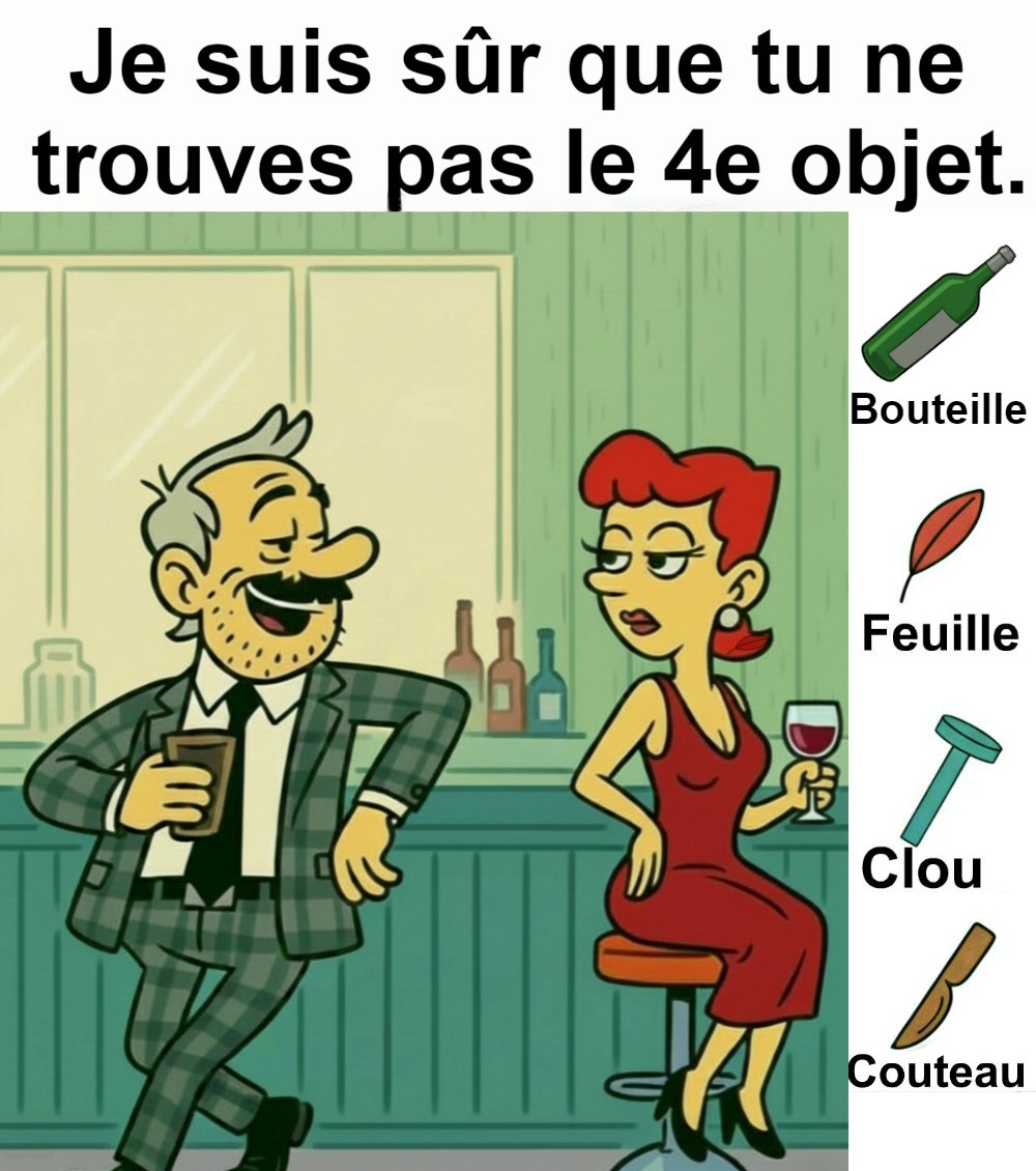 Trouvez bouteille, feuille, clou et couteau.