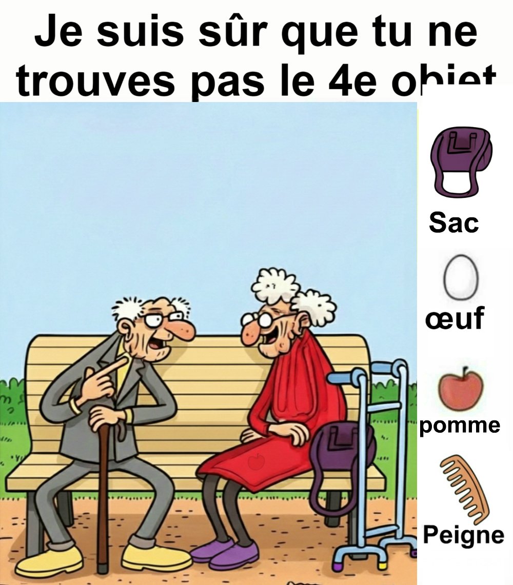 Trouvez le sac, l’œuf, la pomme et le peigne.