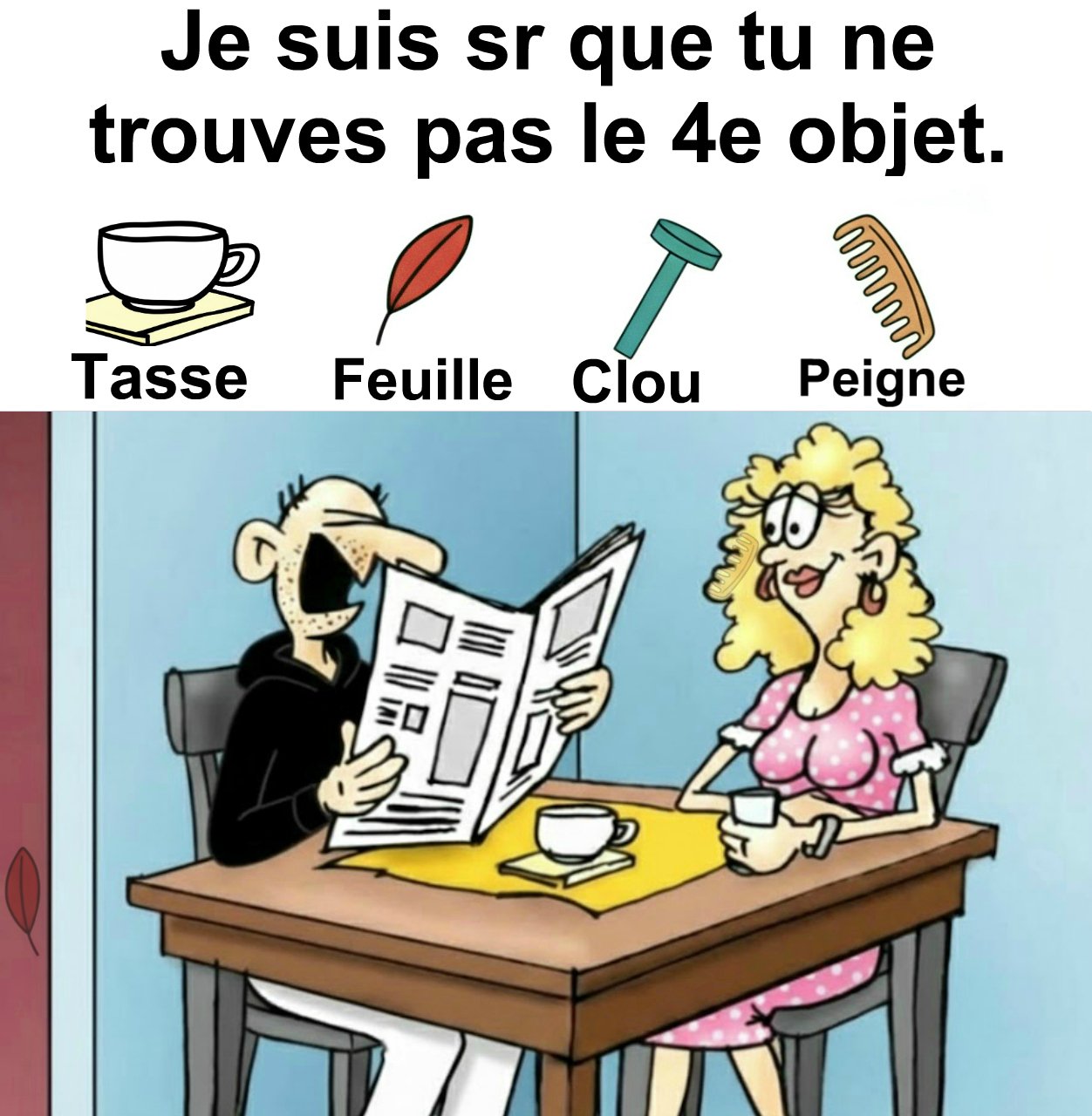 Trouvez tasse, feuille, clou et peigne.