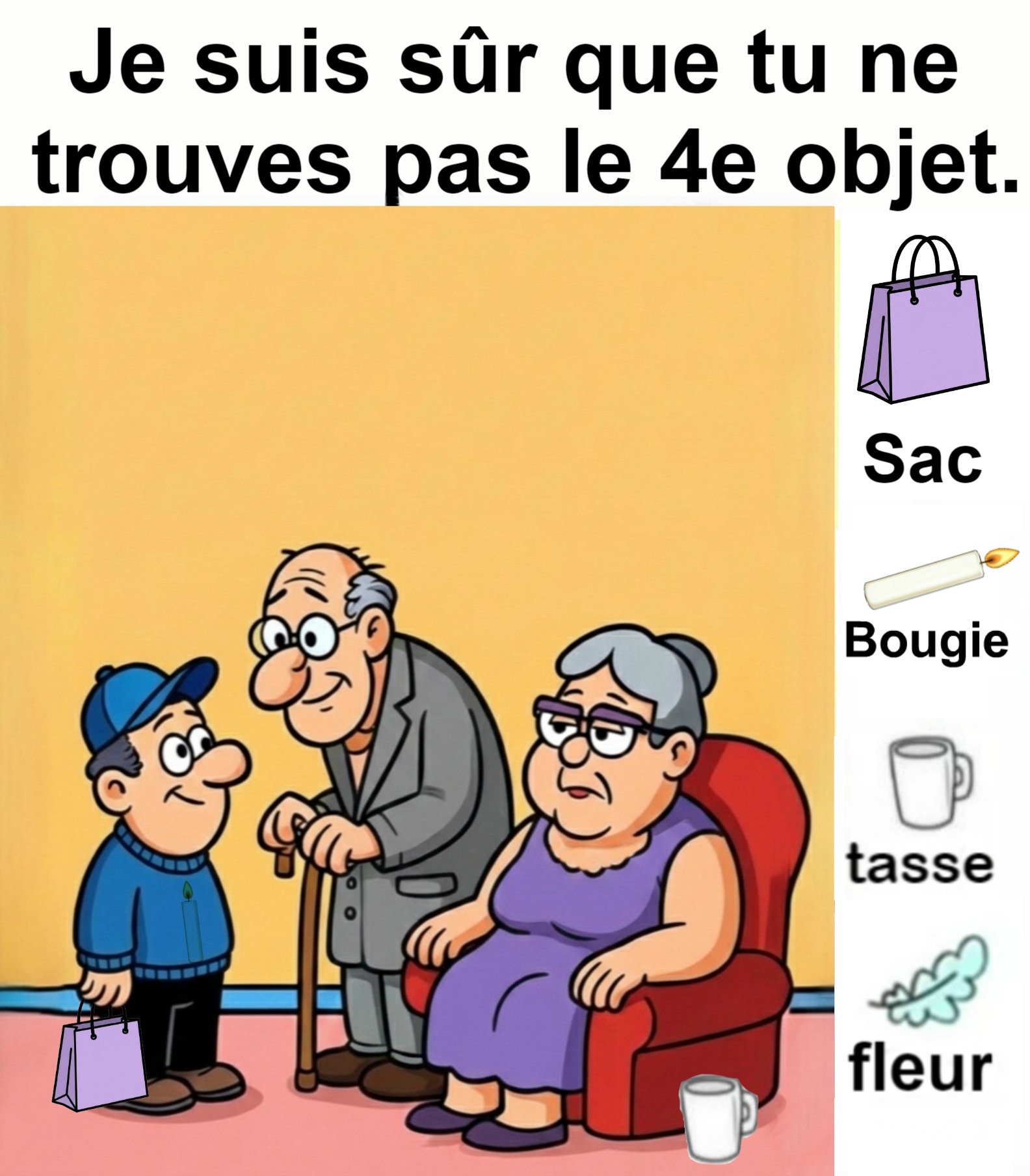 Trouvez la sac,  la bougie, la tasse et la fleur.