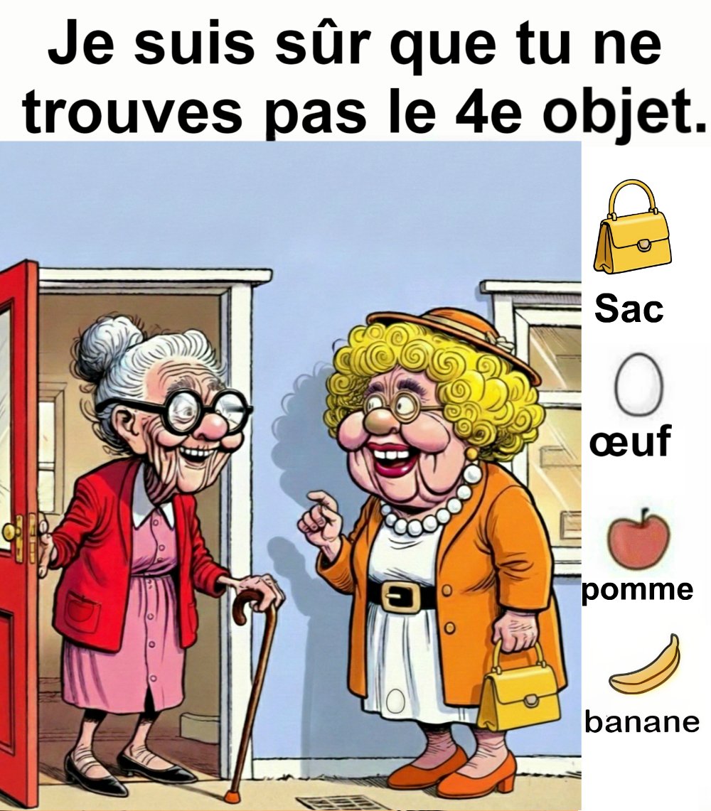 Trouvez le sac, l’œuf, la pomme et le banane.