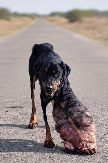 Abandonné à son sort, un rottweiler traînait sa patte couverte de t∪meur, souffrant de la faim et de la do∪leur !
