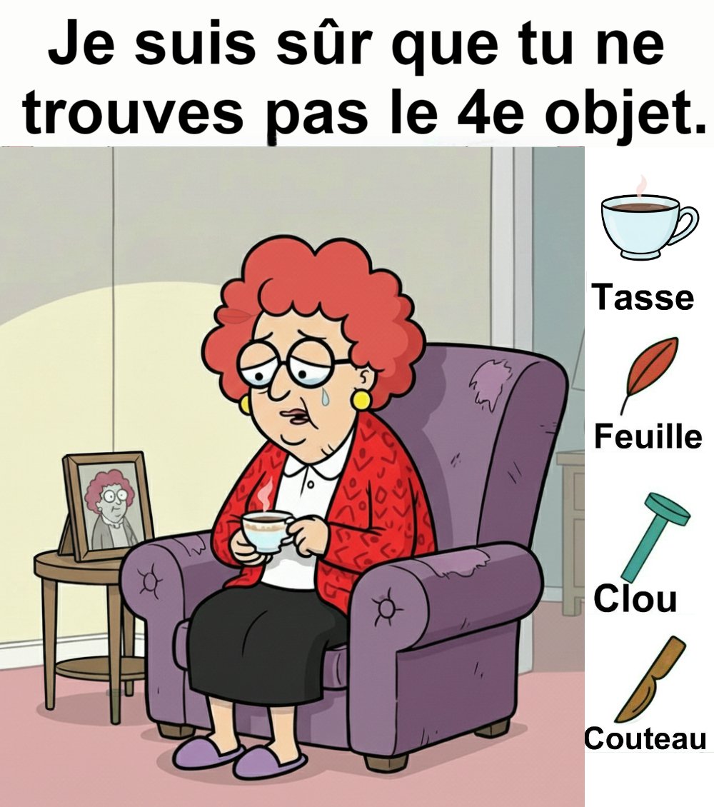 Trouvez tasse, feuille, clou et couteau.