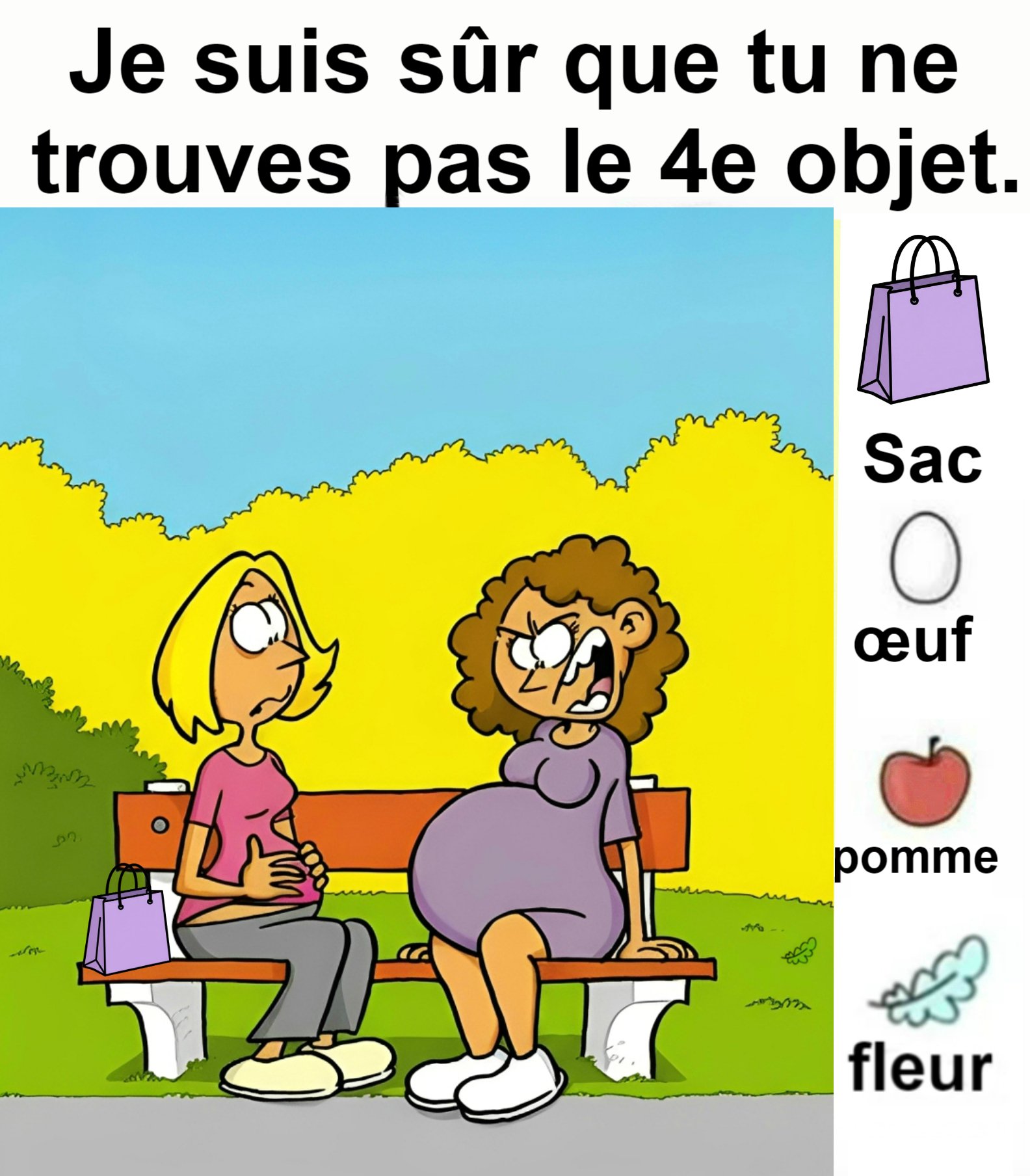 Trouvez la sac, l’œuf, la pomme et la fleur.
