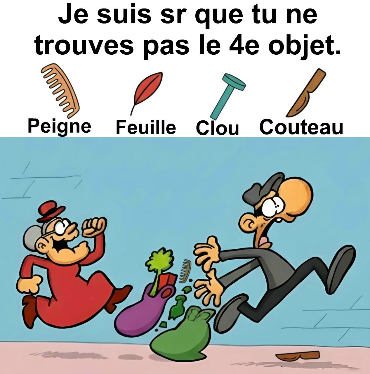 Trouvez peigne, feuille, clou et couteau.