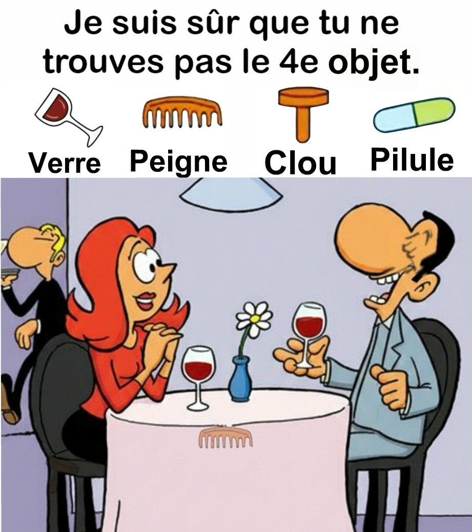 Trouvez Verre, Peigne, Clou, Pilule.