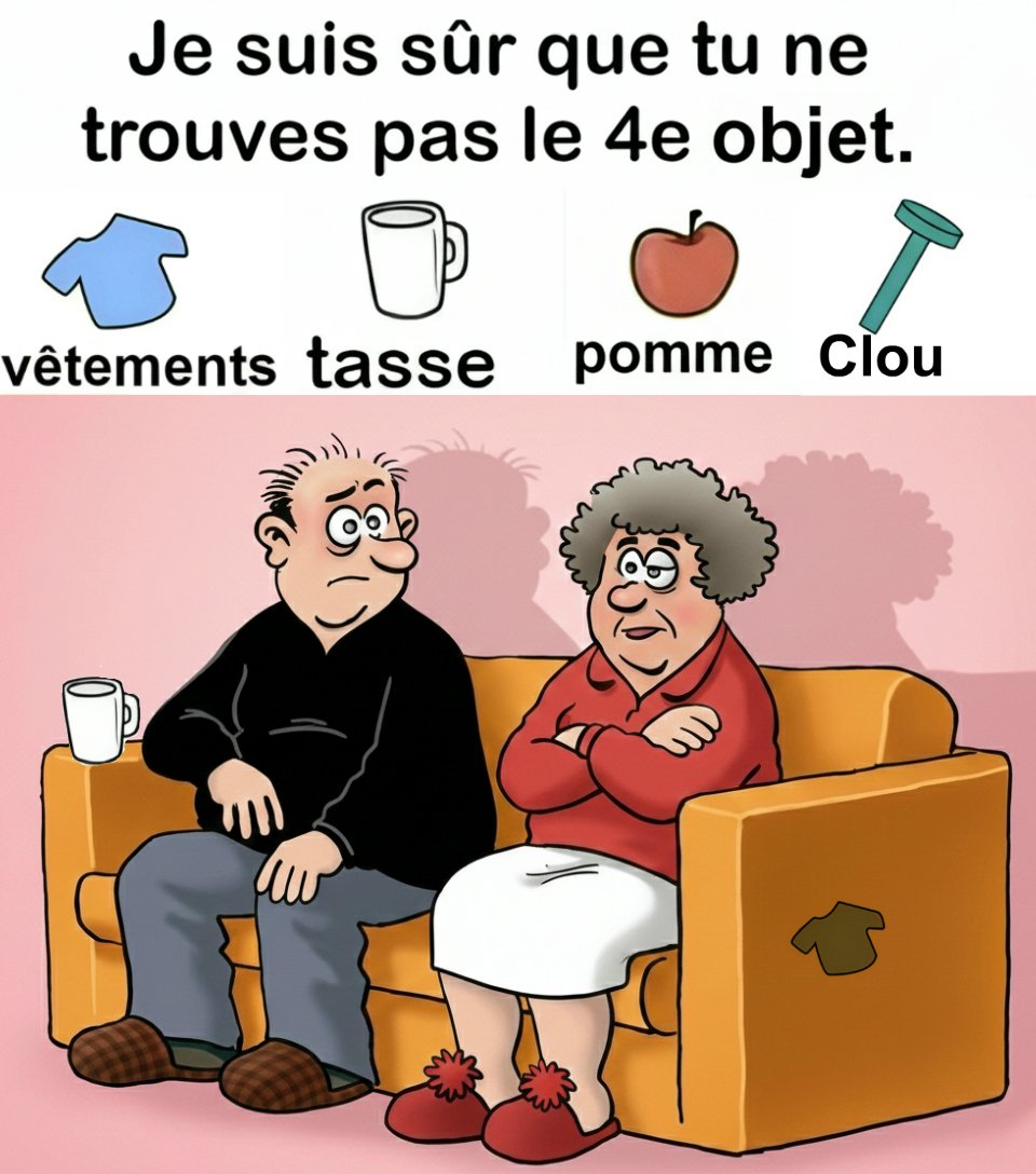 Trouvez vêtements, tasse, pomme, clou.
