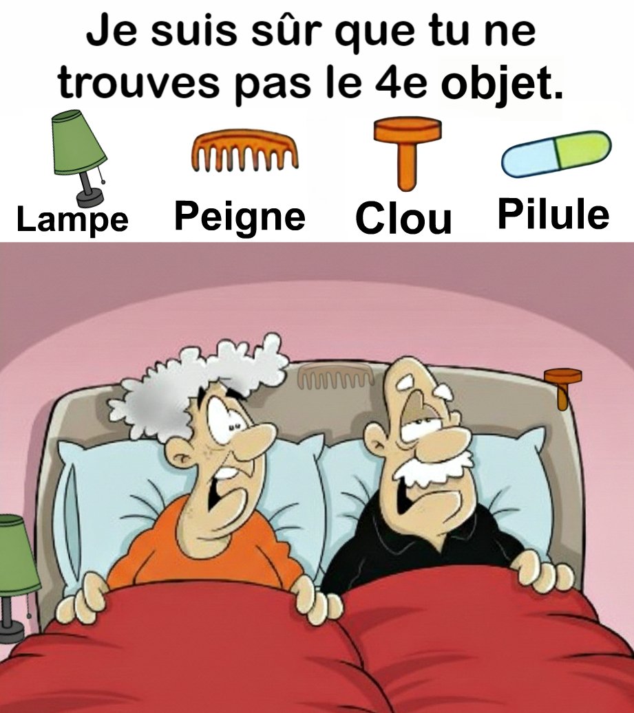 Trouvez Lampe, Peigne, Clou, Pilule.