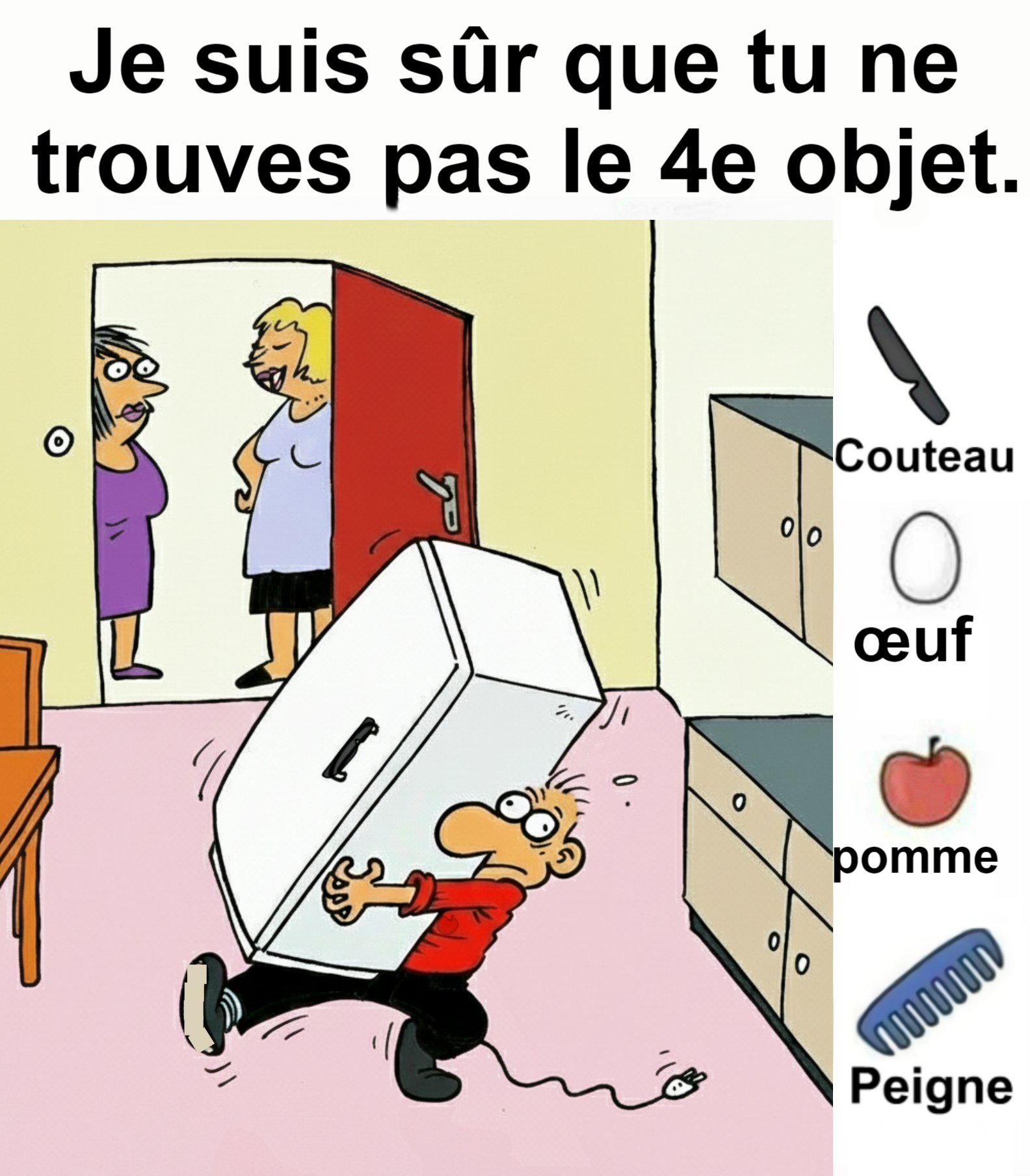 Trouvez Couteau, Œuf, Pomme, Peigne.
