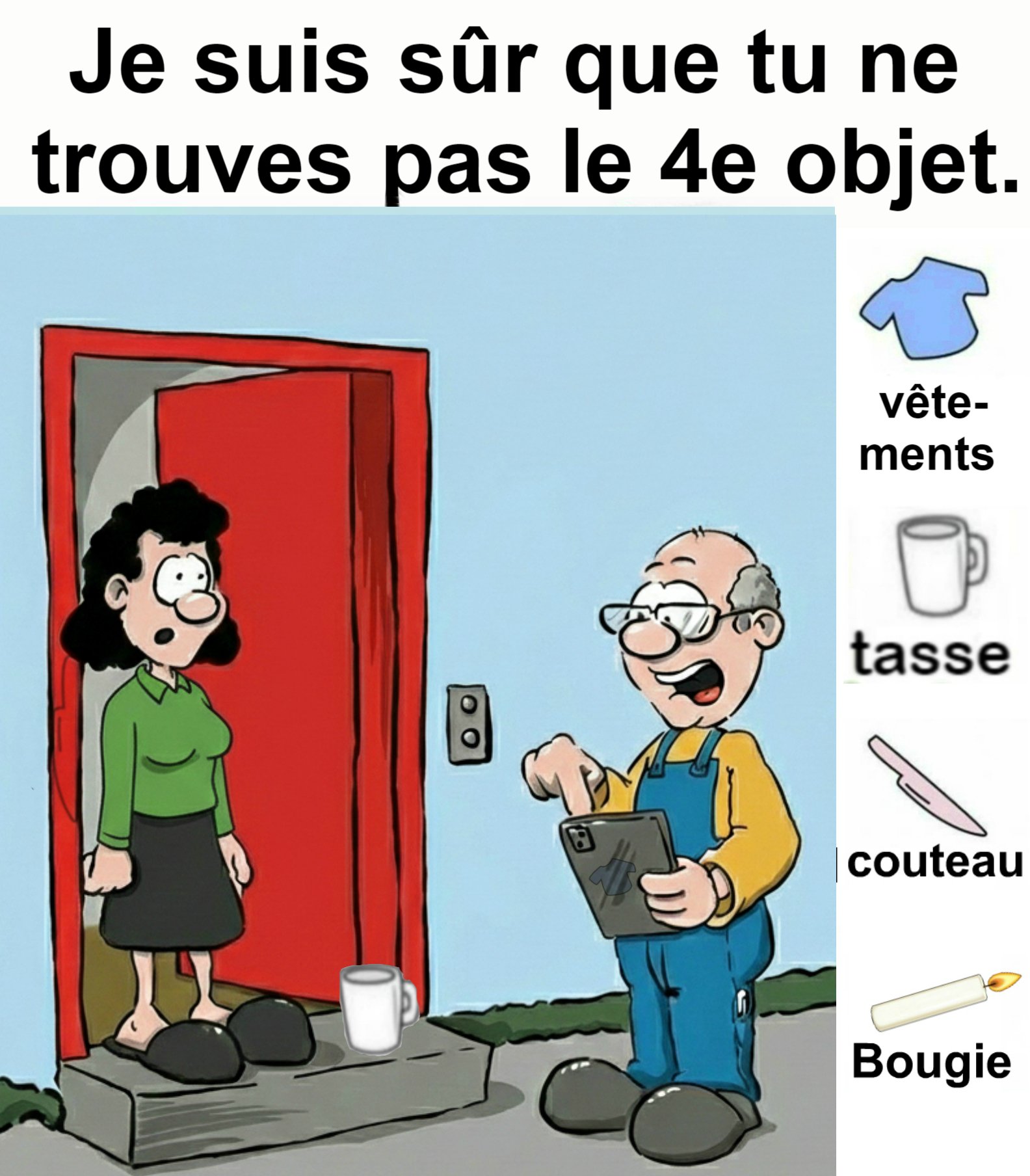 Trouvez vêtements, tasse, couteau, bougie.