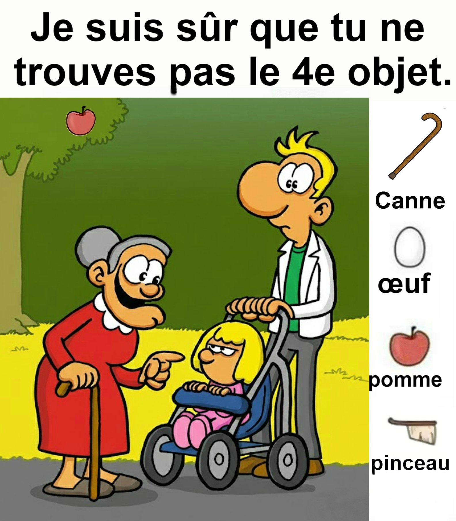 Trouvez Canne, Œuf, Pomme, Pinceau.