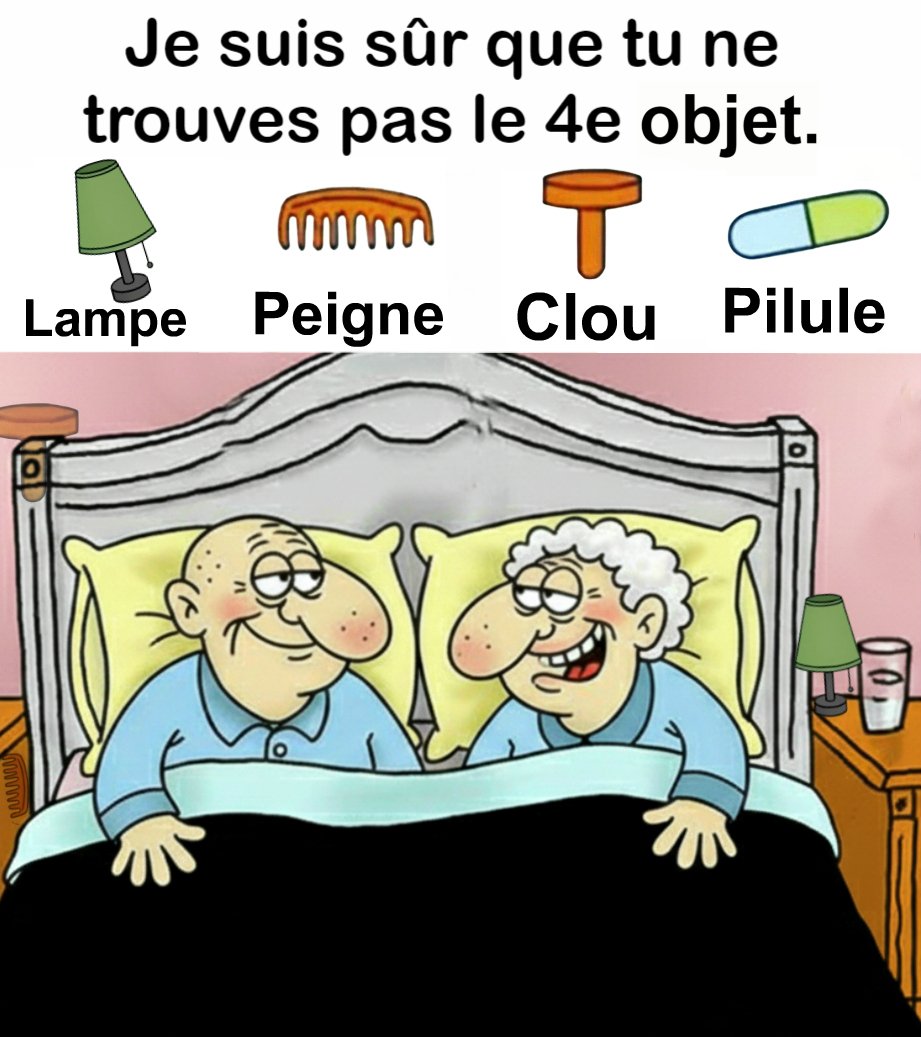 Trouvez Lampe, Peigne, Clou, Pilule.