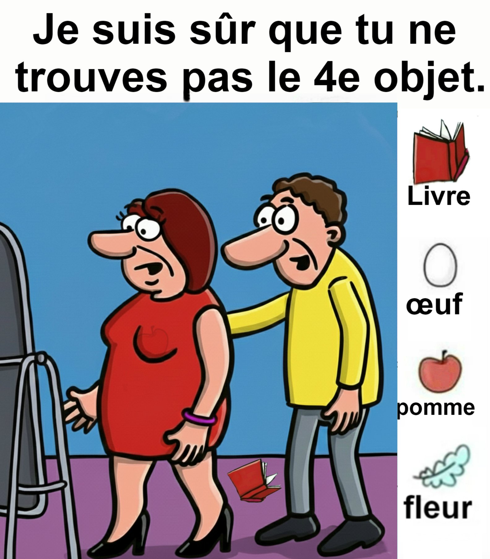 Trouvez la livre, l’œuf, la pomme et la fleur.