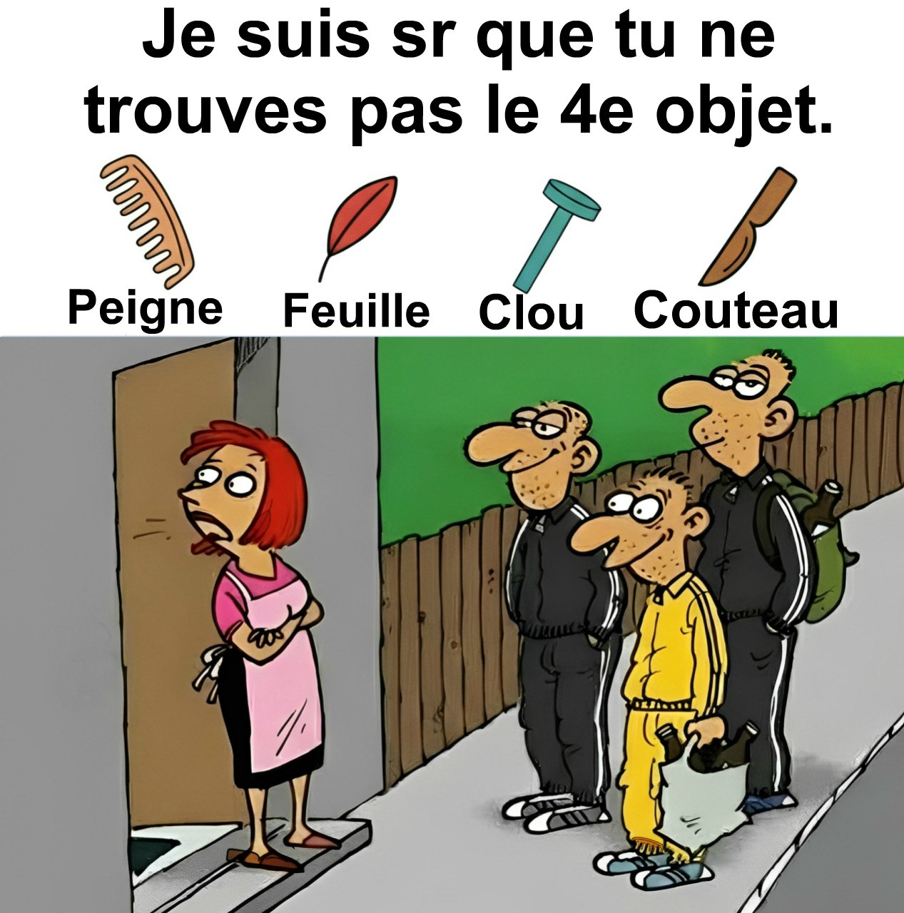 Trouvez peigne, feuille, clou et couteau.