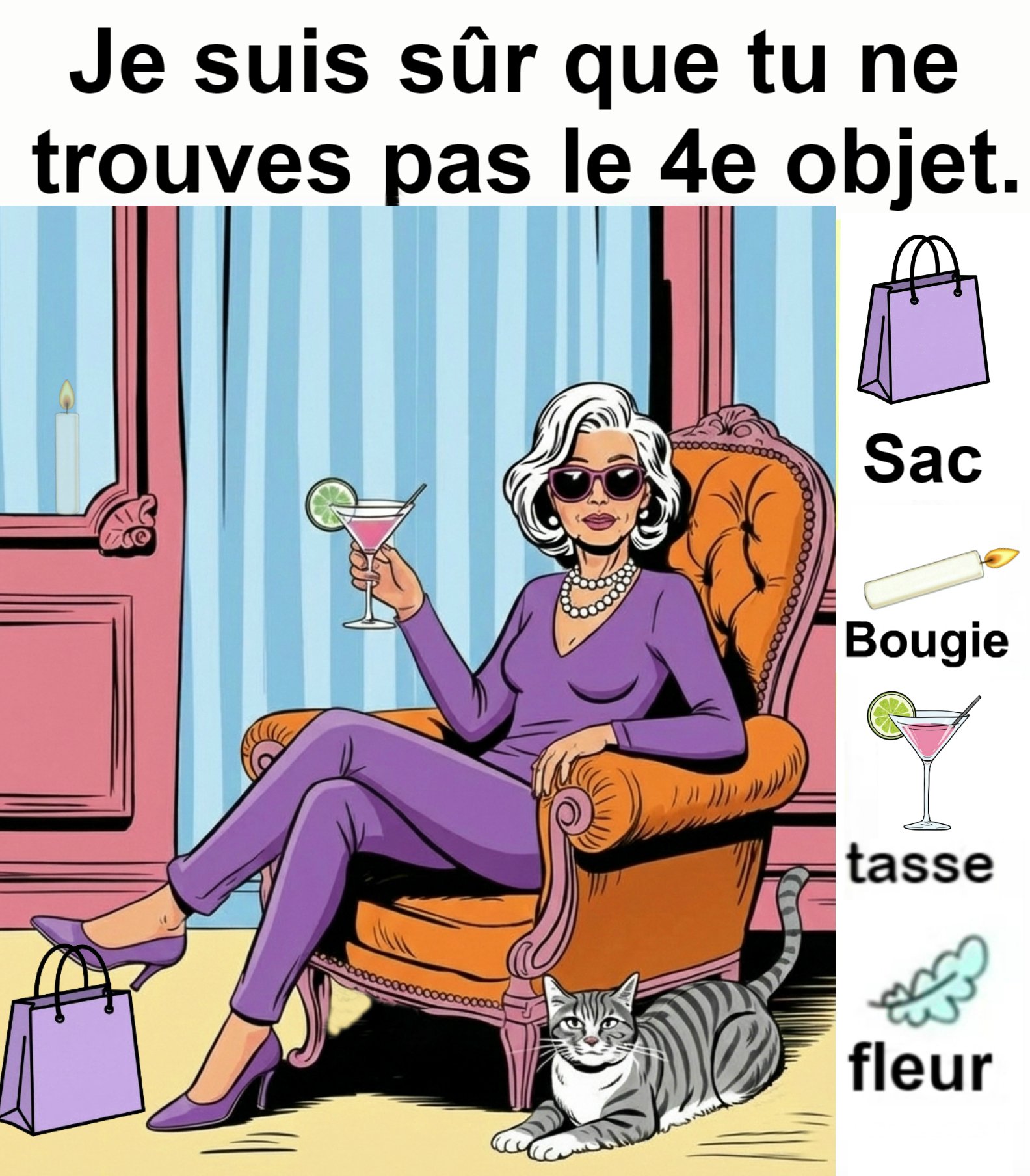 Trouvez la sac, la bougie, la tasse et la fleur.