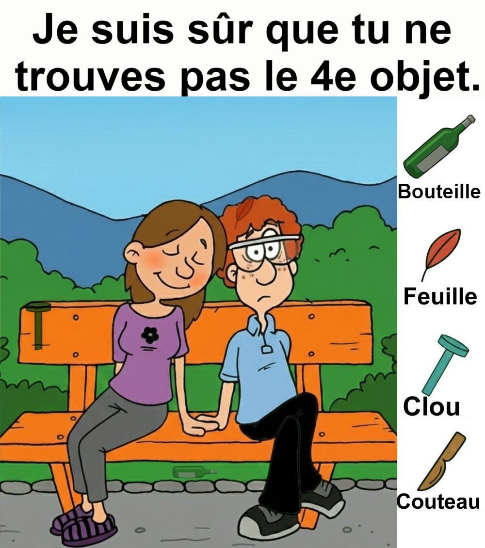 Trouvez bouteille, feuille, clou et couteau.