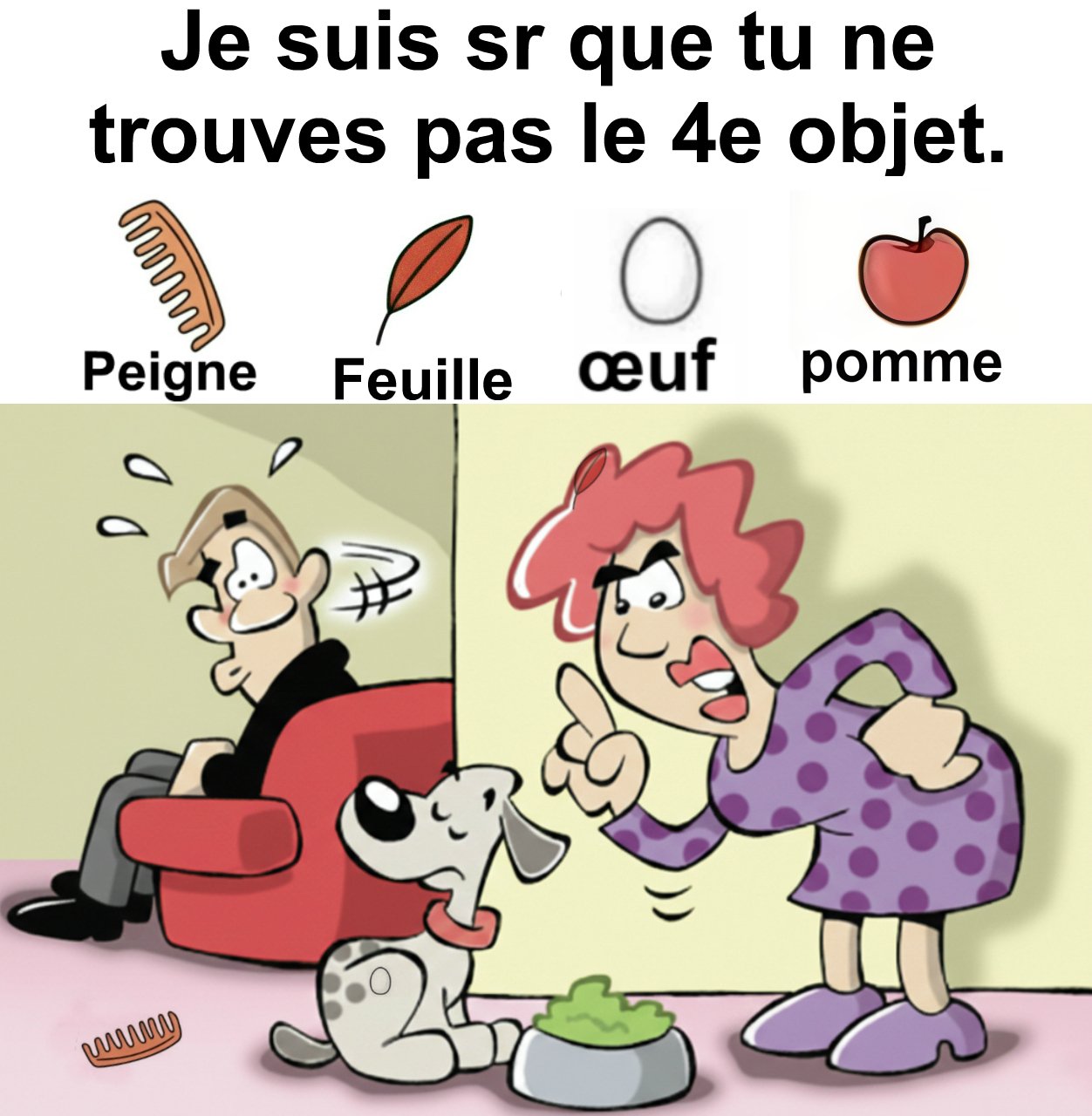 Trouvez peigne, feuille, œuf et pomme.