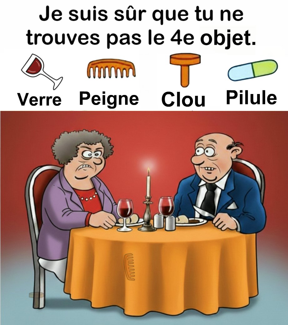 Trouvez Verre, Peigne, Clou, Pilule.