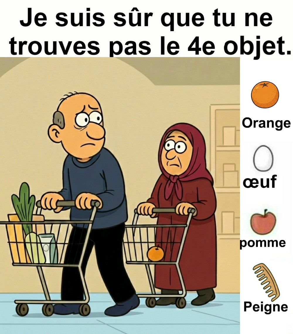 Trouvez l’orange, l’œuf, la pomme et le peigne.