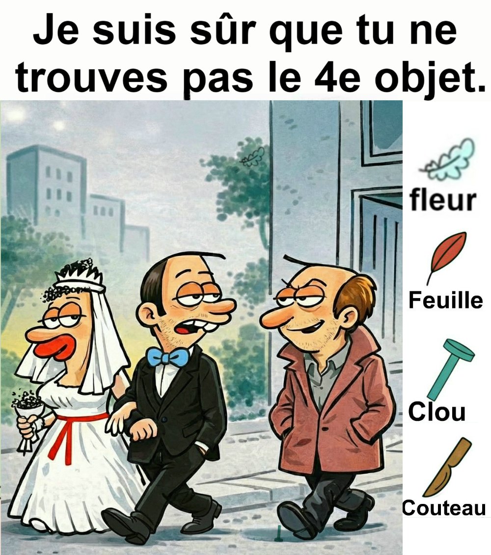 Trouvez fleur, feuille, clou et couteau.