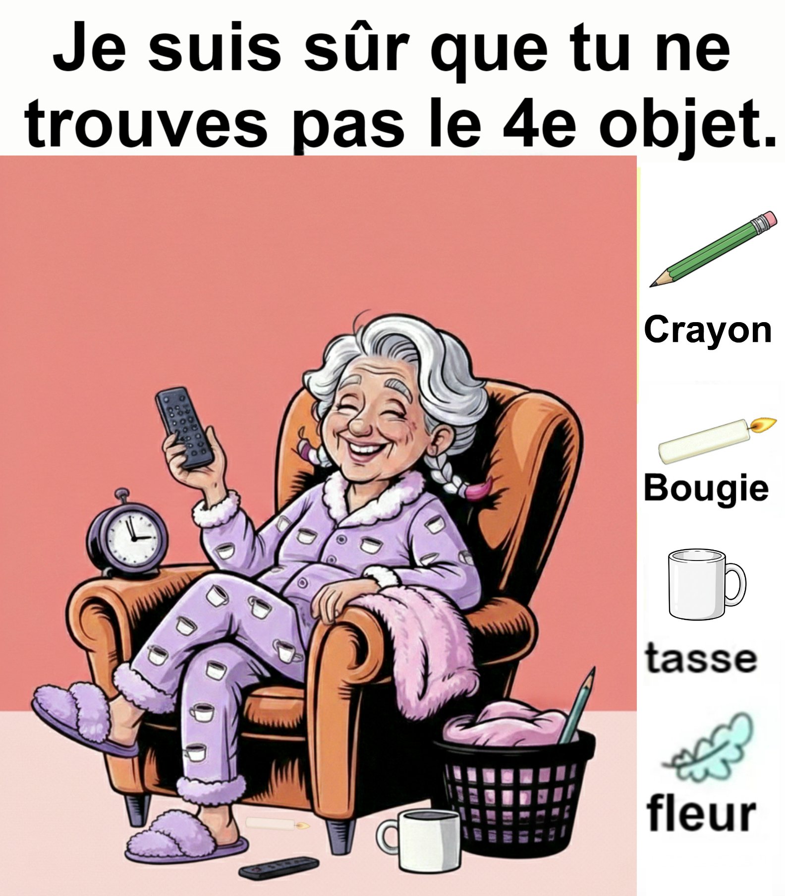 Trouvez le crayon , la bougie, la tasse et la fleur.