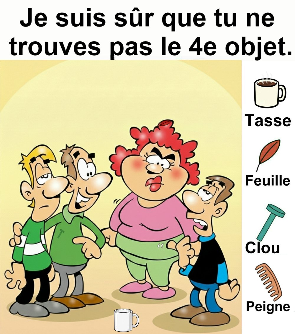 Trouvez tasse, feuille, clou et peigne.