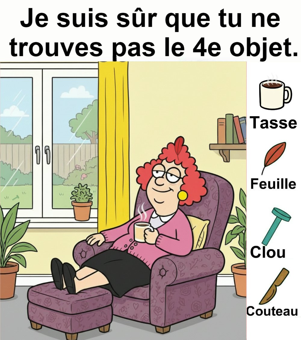 Trouvez tasse, feuille, clou et couteau.