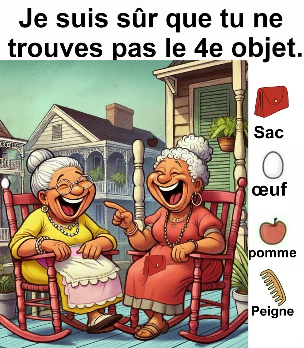 Trouvez le sac, l’œuf, la pomme et le peigne.