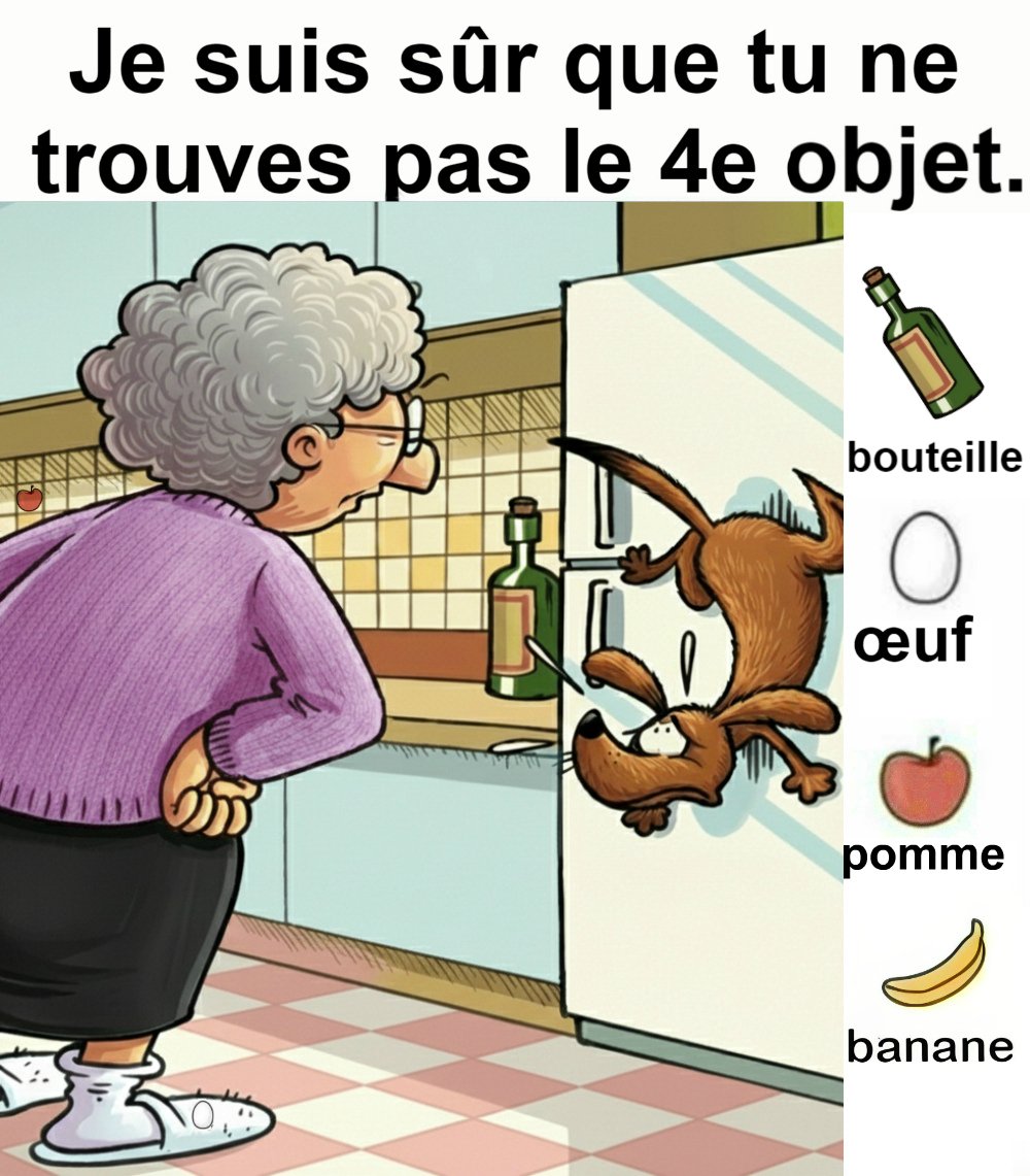 Trouvez le bouteille, l’œuf, la pomme et le banane.
