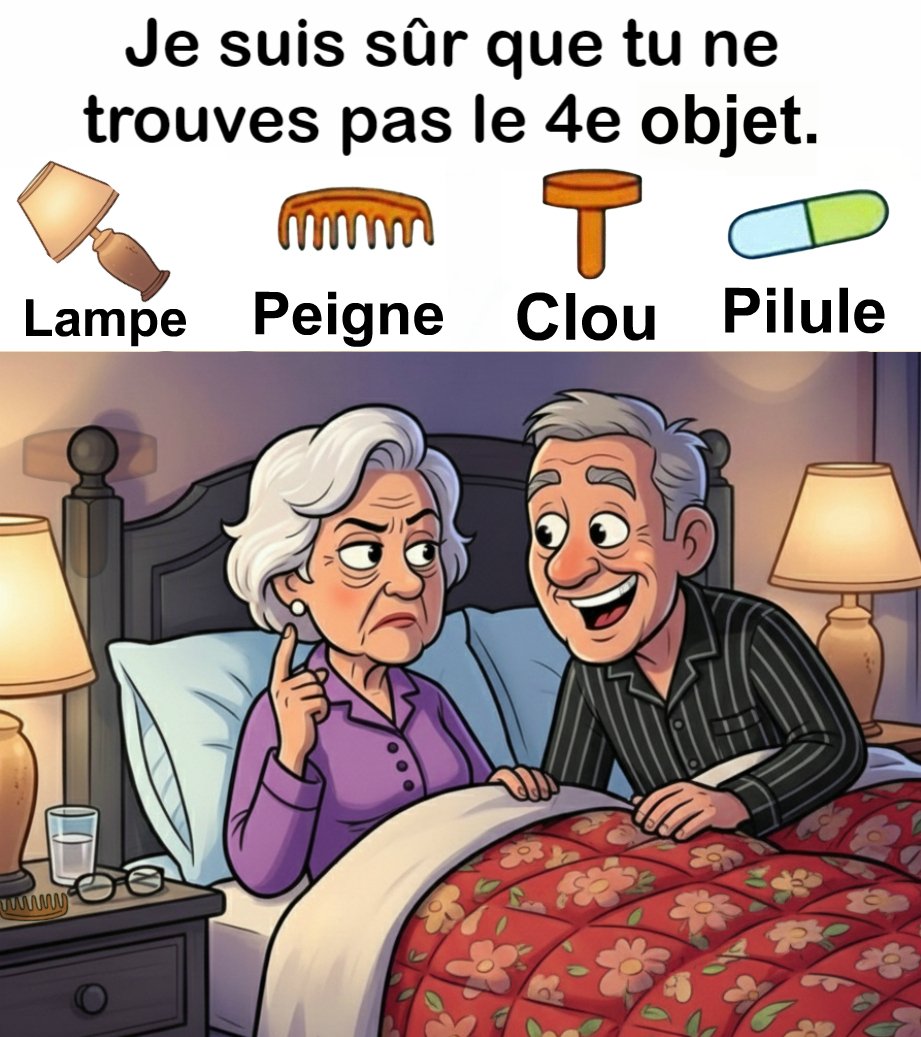 Trouvez Lampe, Peigne, Clou, Pilule.