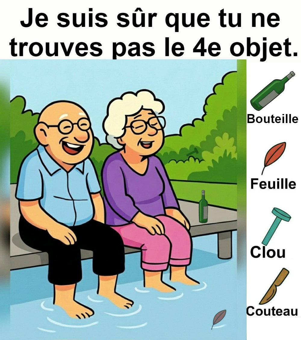 Trouvez bouteille, feuille, clou et couteau.