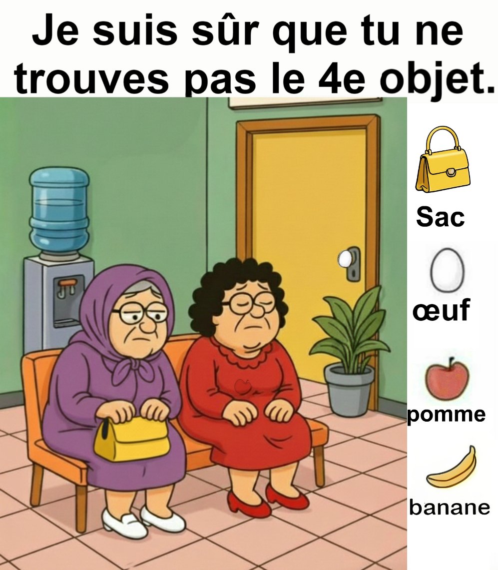 Trouvez le sac, l’œuf, la pomme et le banane.