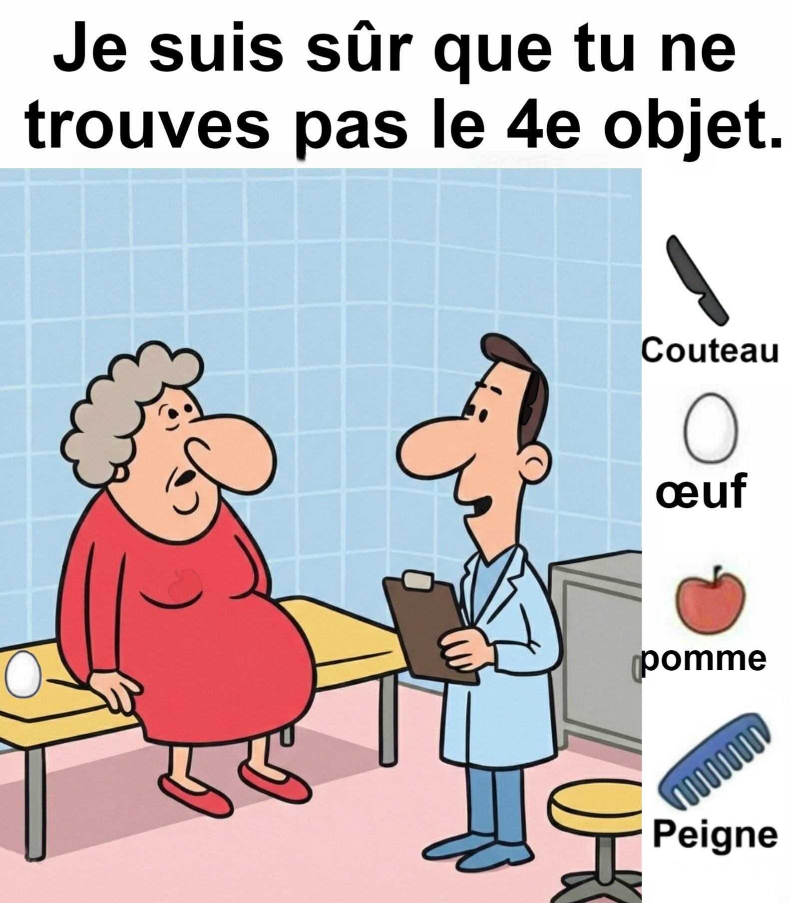 Trouvez Couteau, Œuf, Pomme, Peigne.