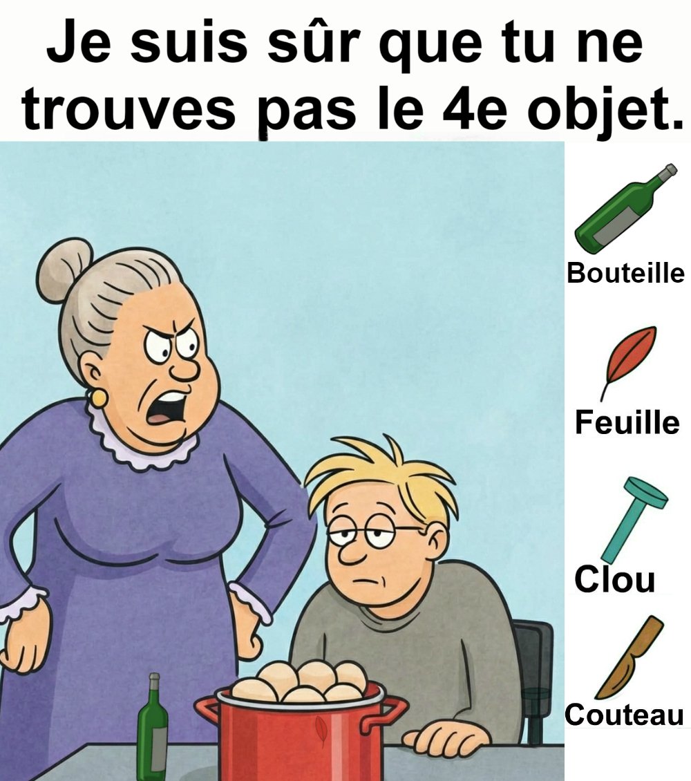 Trouvez bouteille, feuille, clou et couteau.