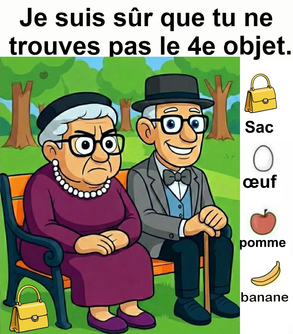 Trouvez le sac, l’œuf, la pomme et le banane.